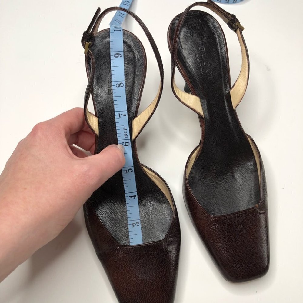 VINTAGE Gucci Leather Chocolate Brown Square Toe Slingback Designer Luxe Heels - Picture 16 of 16
